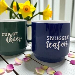 2PK STACKABLE MUG SET - HOLIDAY SNUGGLE SEASON BLUE/ GREEN CUP OF CHEER 12OZ.
